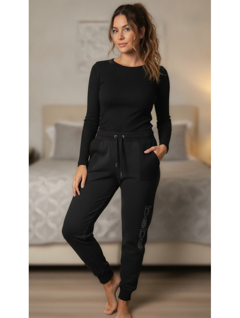 Bebe Sport Women's Black Ribbed Jogger Sweatpants Size Large